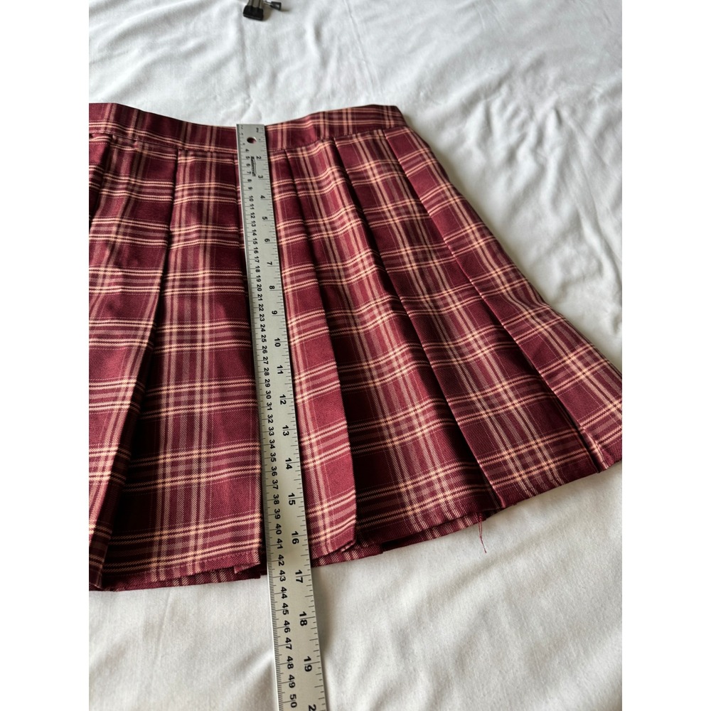SHEIN Plaid Pleated Mini Skirt Small Burgundy Academic Preppy Schoolgirl Skater - Picture 9 of 11